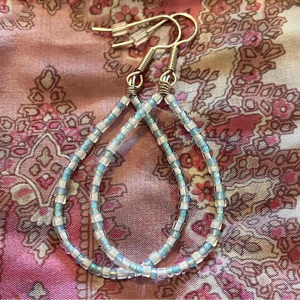 HAND CRAFTED LT BLUE, WHITE TEARDROP HOOP JAPANESE GLASS BEADED BOHO EARRINGS